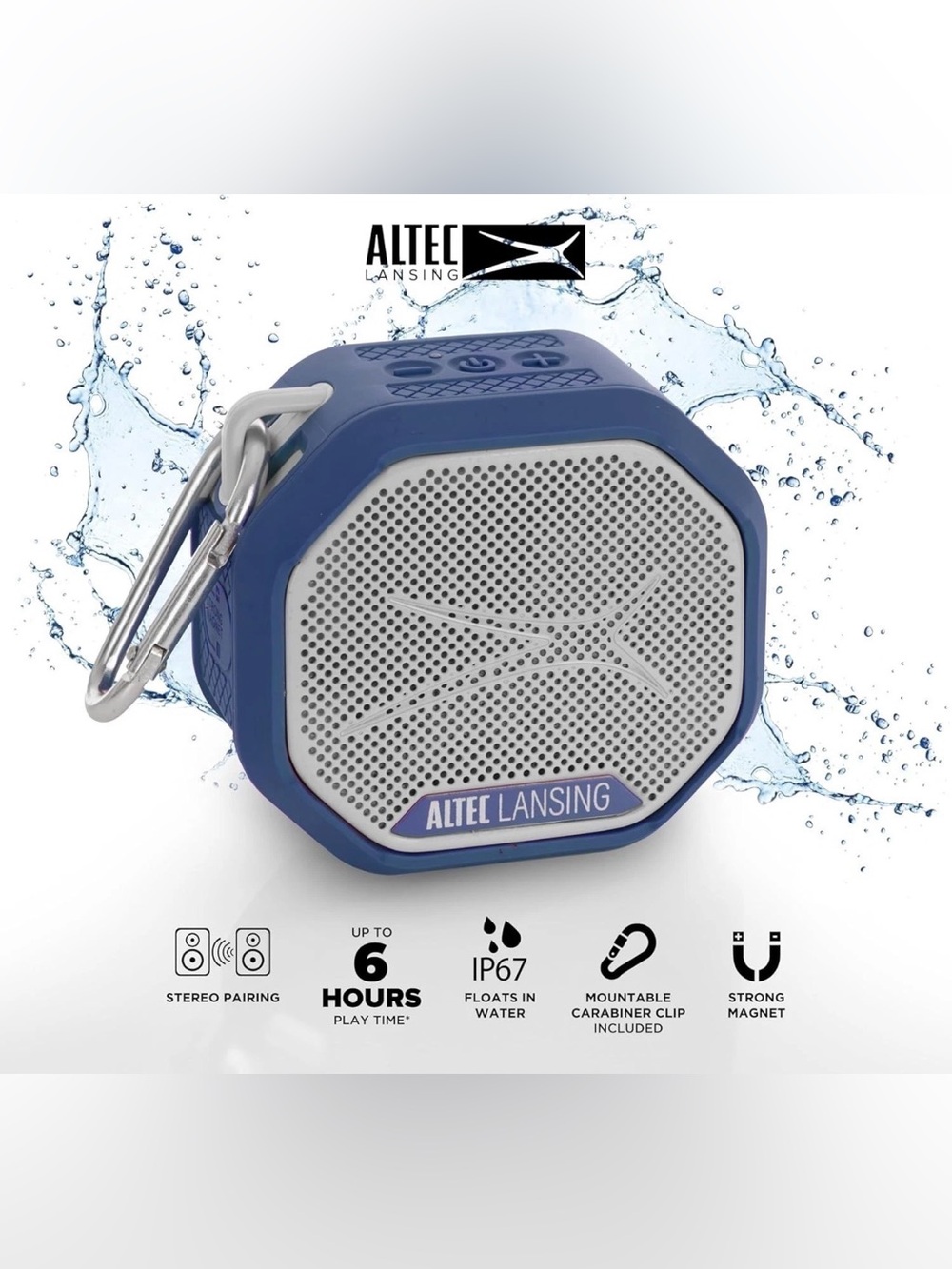 Altec Lansing Blue Waterproof Portable Bluetooth Speaker with Carabiner